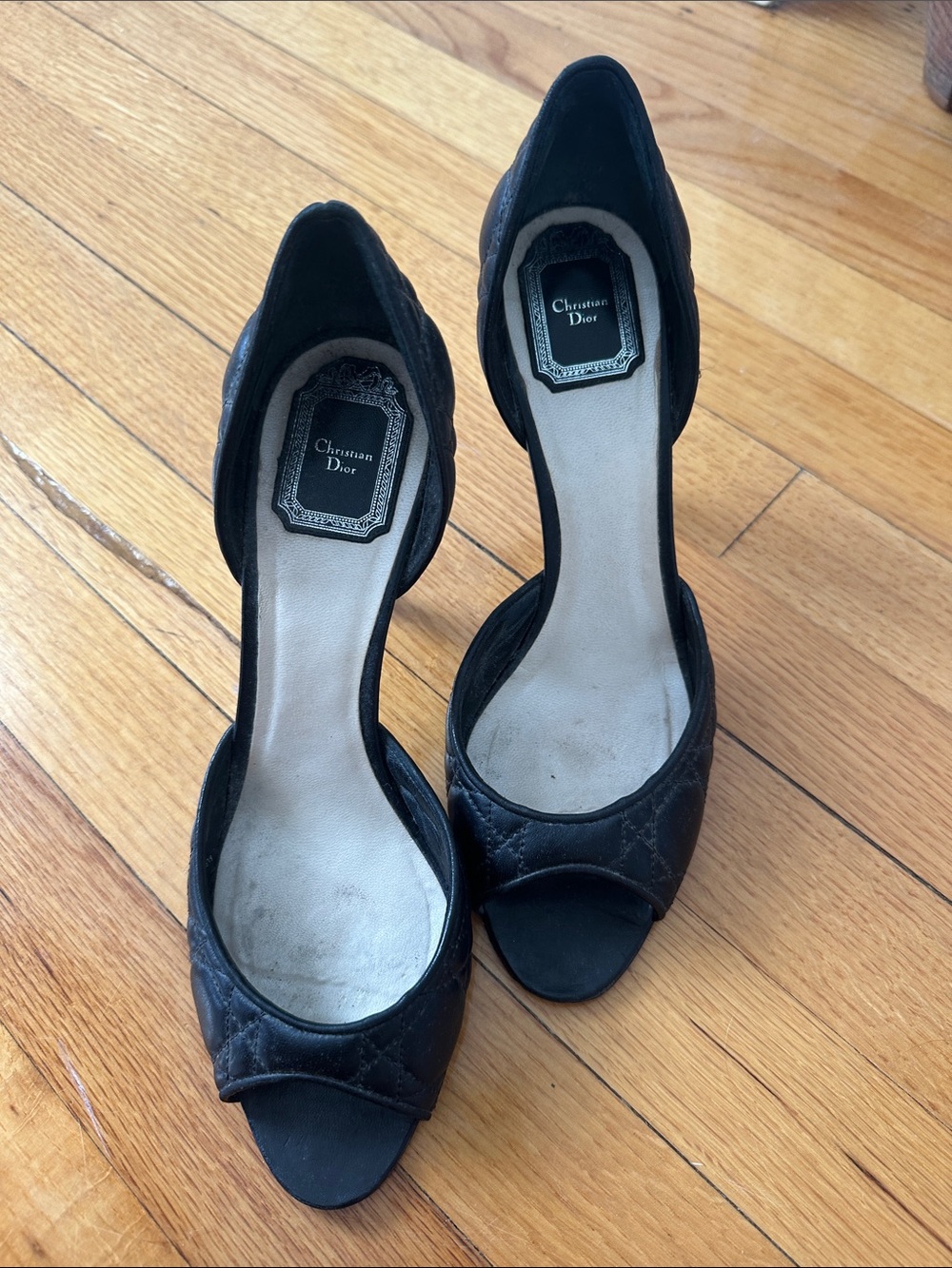 Dior Black Quilted D'Orsay Peep-Toe Pumps
